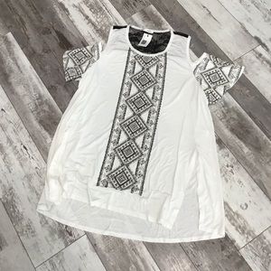 White with black lace accents shoulder cut out